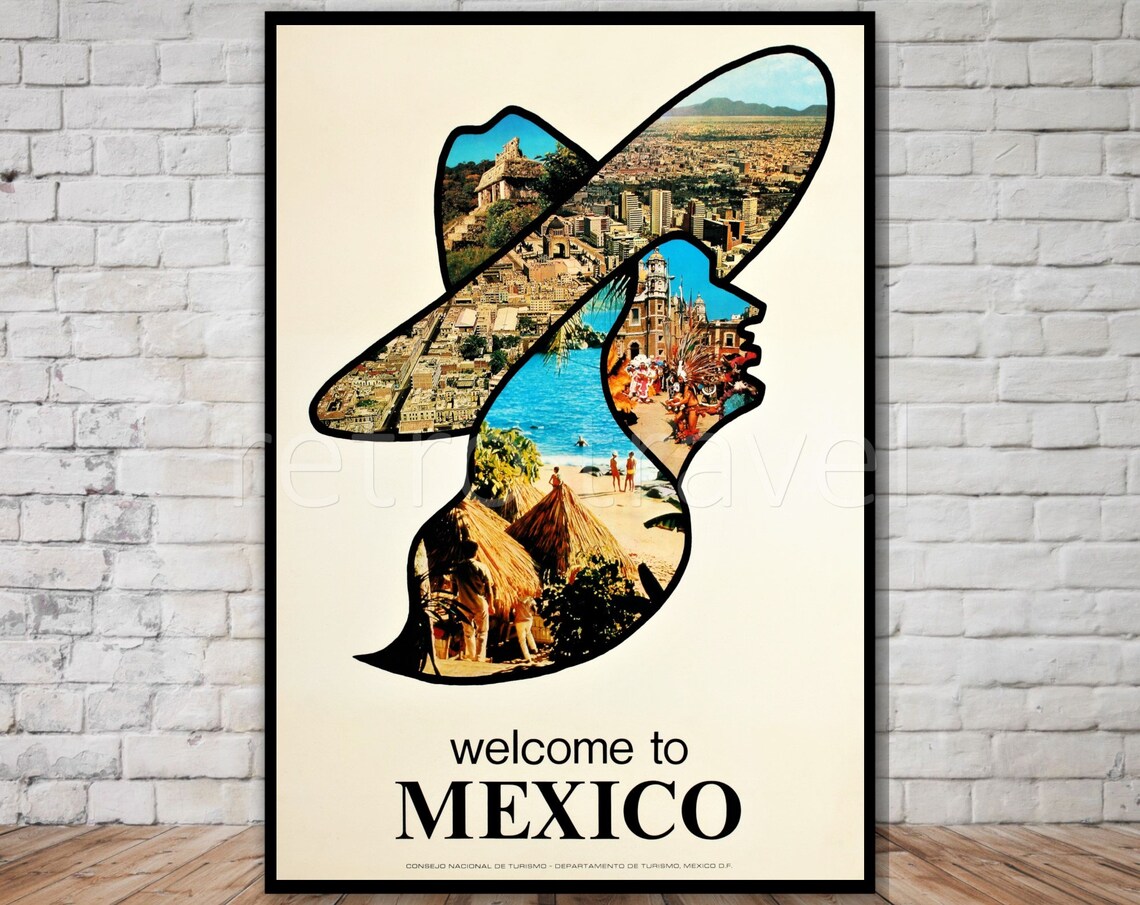 Welcome To Mexico Vintage Travel Poster Collage Woman Silhouette Art