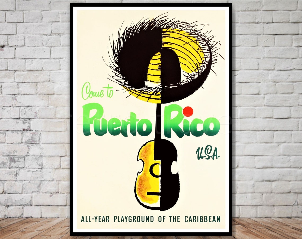 Come To Puerto Rico Vintage Travel Poster Guitar Straw Hat Music Art