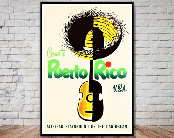 Come To Puerto Rico Vintage Travel Poster Guitar Straw Hat Music Art