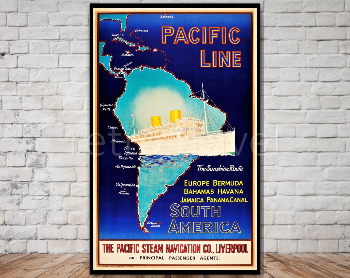 Pacific Line South America Vintage Poster Steamship Map Retro Travel Art