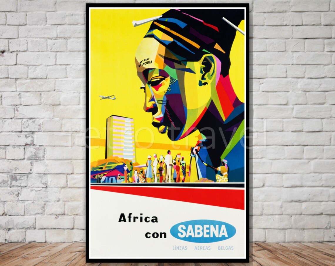 Sabena Airlines Africa Retro Travel Poster, African Art Print