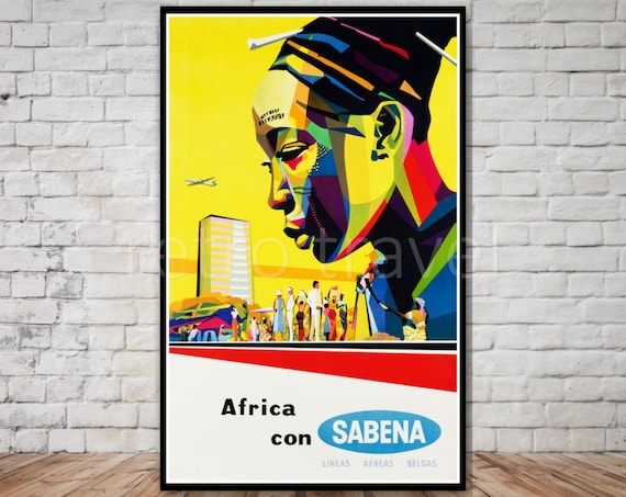 Sabena Airlines Africa Retro Travel Poster, African Art Print