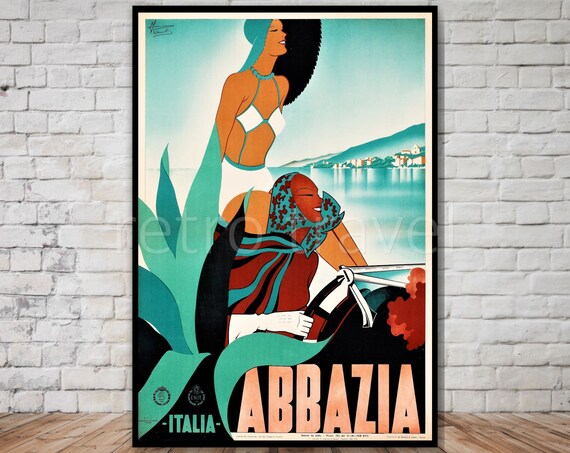 Abbazia Italia Vintage Beach Poster With Art Deco Swim Beauty