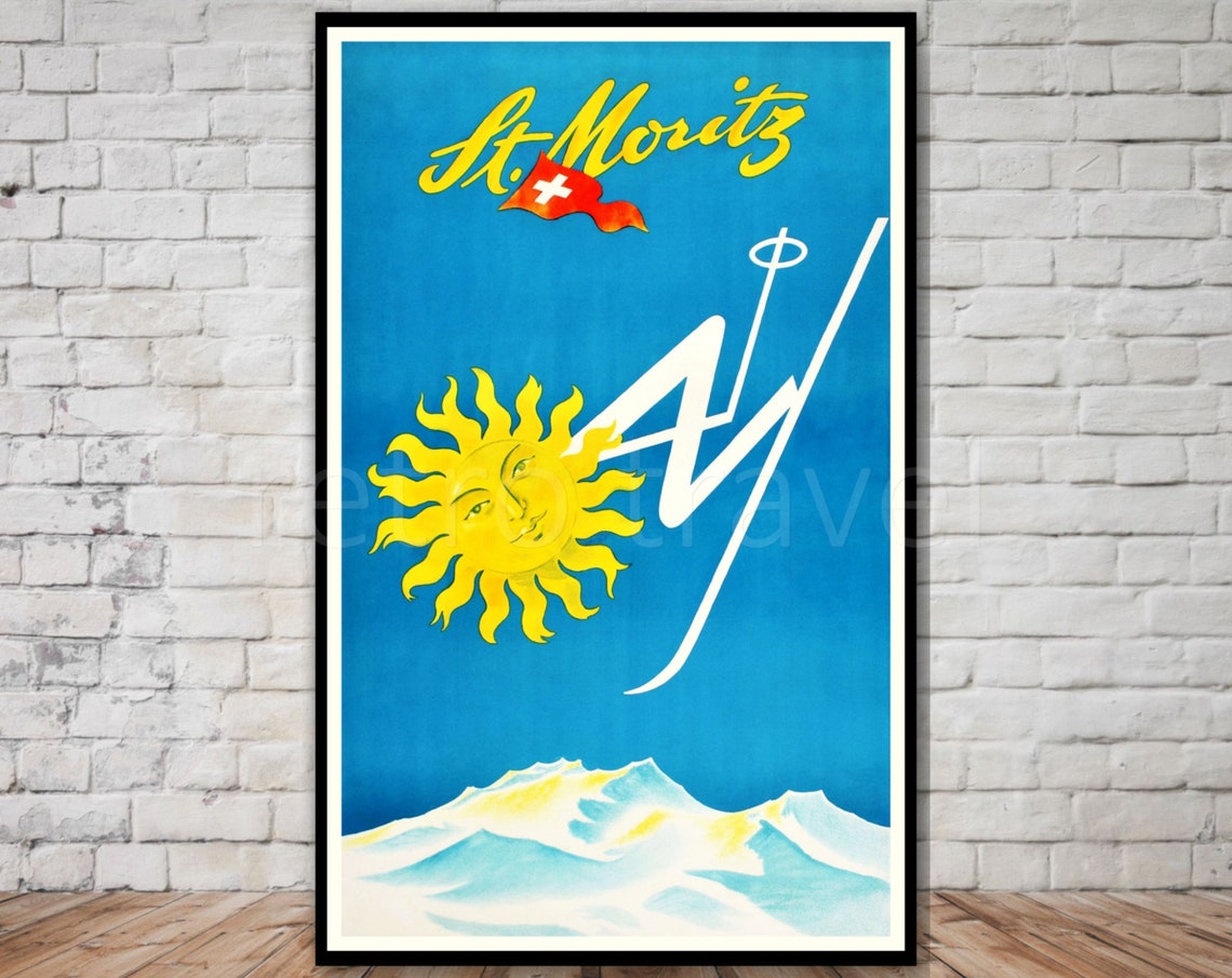 St Moritz Switzerland Smiling Sun Ski Jump Retro Travel Poster