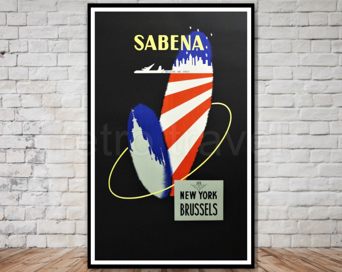 Sabena New York Brussels Abstract Airline Black Retro Travel Poster