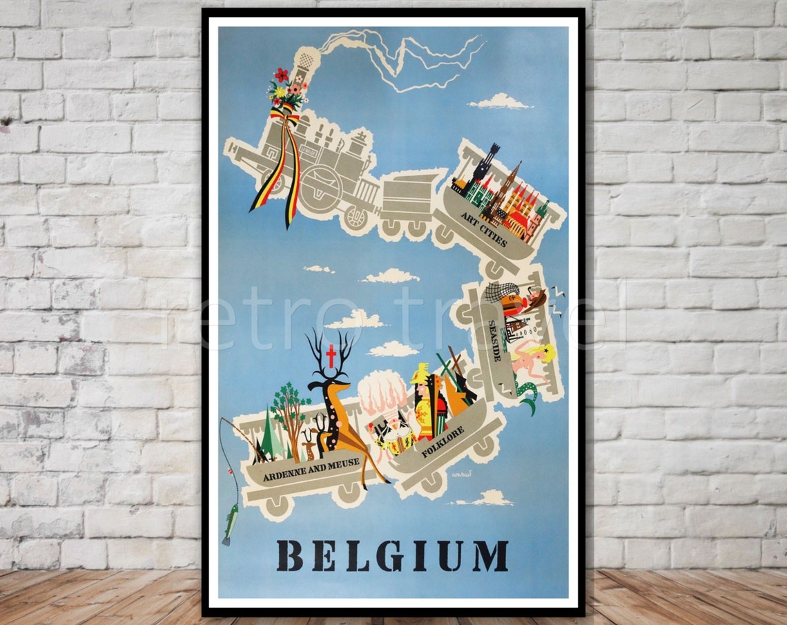 Belgium Whimsical Train Art Cities Folklore Vintage Travel Poster