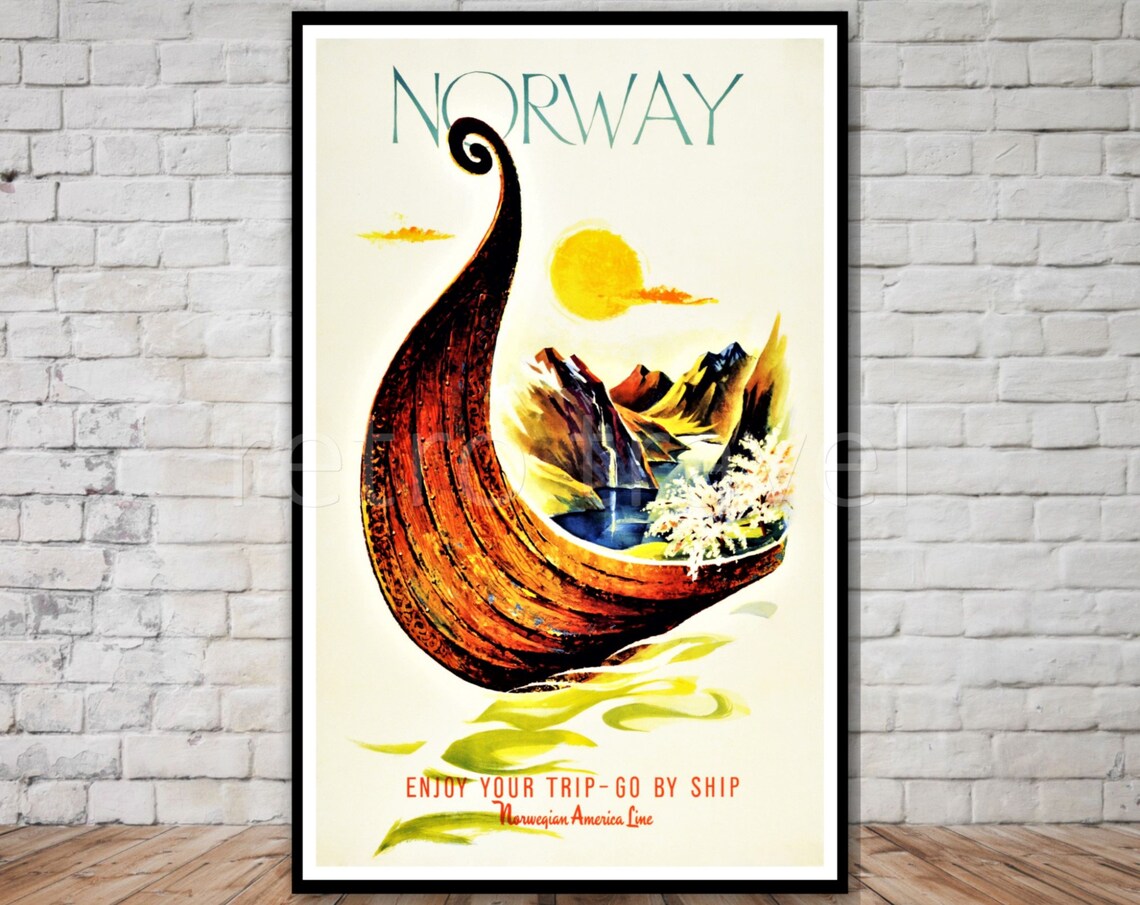 Norway Viking Ship Prow Fjord Norwegian America Line Travel Poster