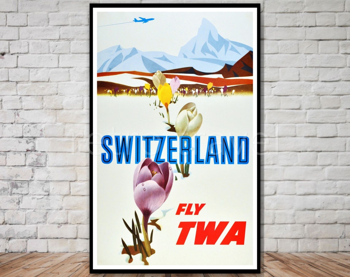 Fly TWA Switzerland Crocuses In Snow Matterhorn Vintage Poster