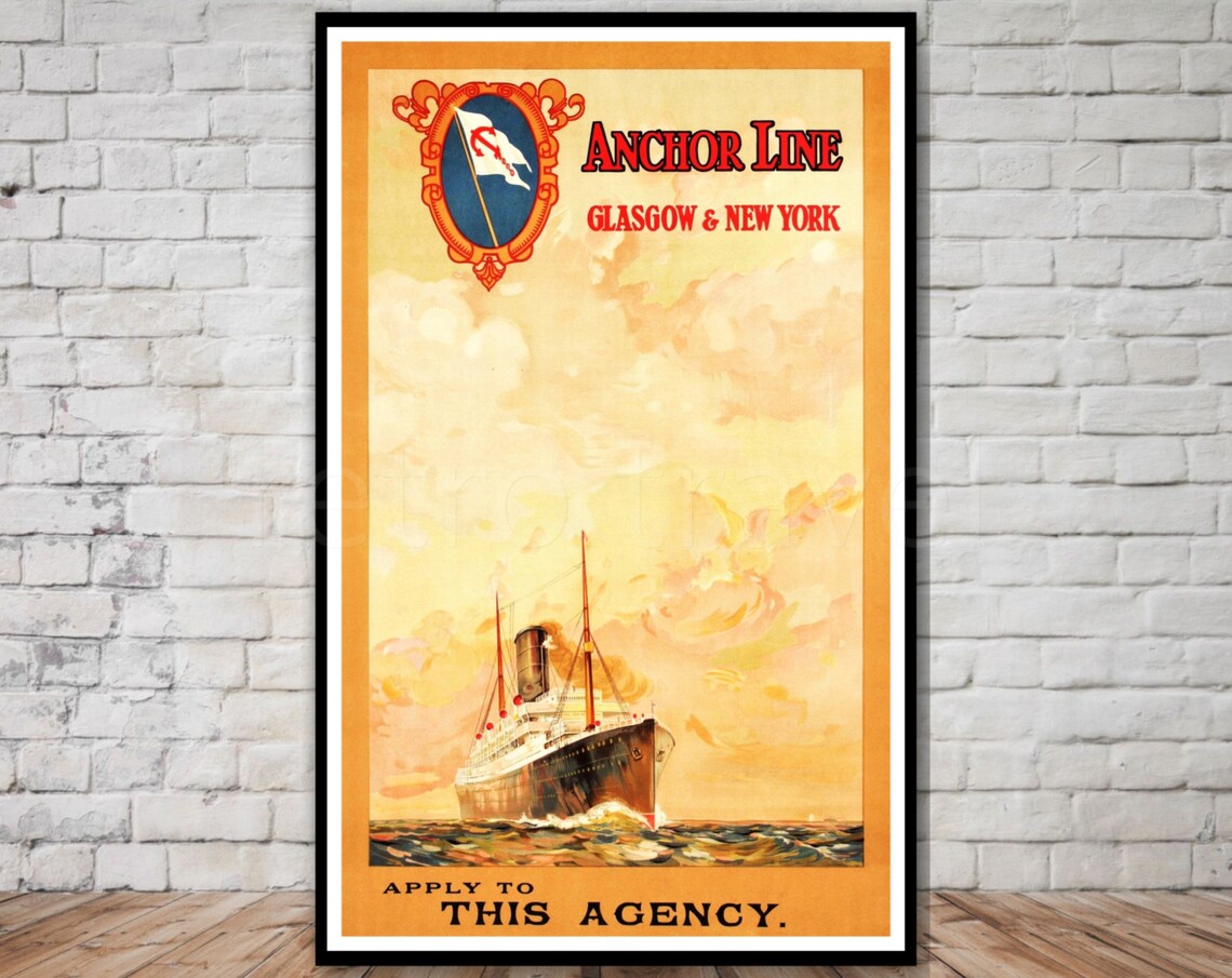 Anchor Line Glasgow New York Vintage Steamship Poster Ocean Liner Art