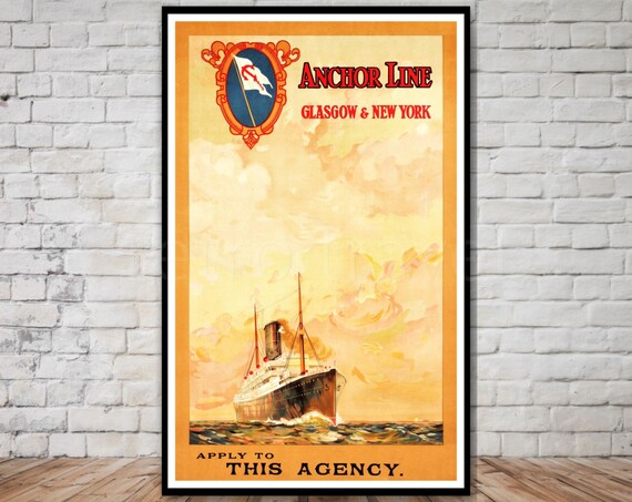 Anchor Line Glasgow New York Vintage Steamship Poster Ocean Liner Art