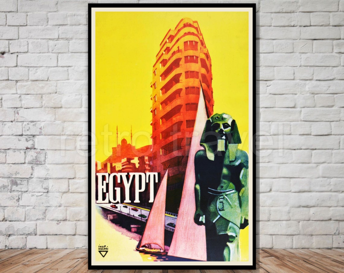 Egypt Vintage Travel Poster Pharaoh Statue Cairo Modern Landmark Art