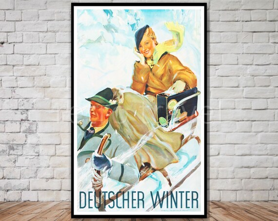 Deutscher Winter Vintage German Poster Alpine Sleigh Ride Retro Art