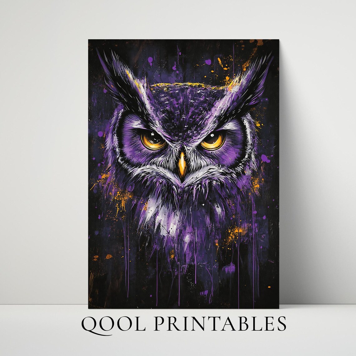 Purple Owl Golden Eyes Graffiti Portrait Night Bird Art Poster