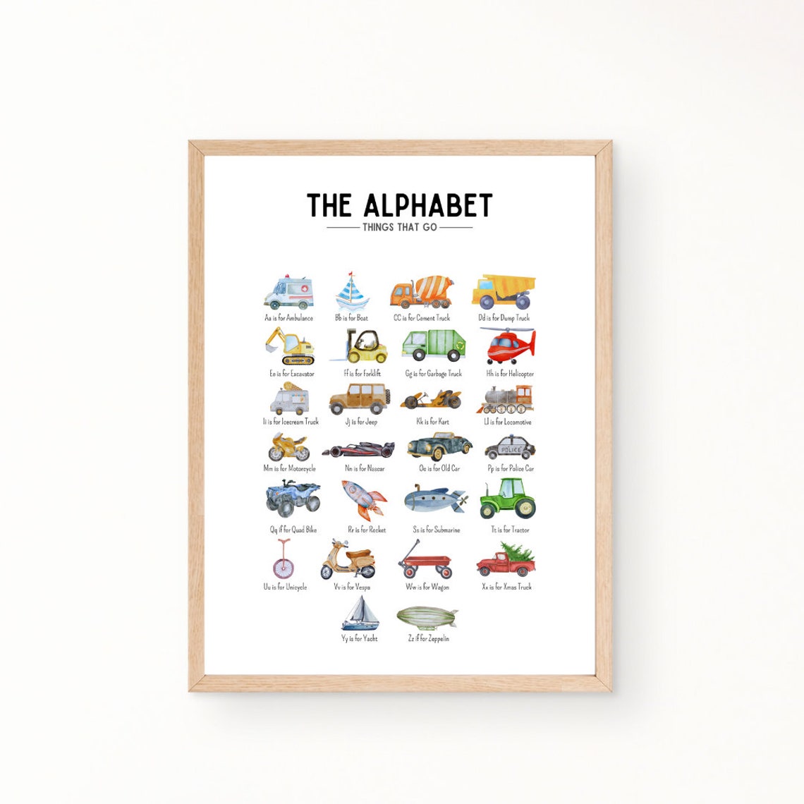 Things That Go Alphabet Poster with Watercolor Vehicles for Kids Room