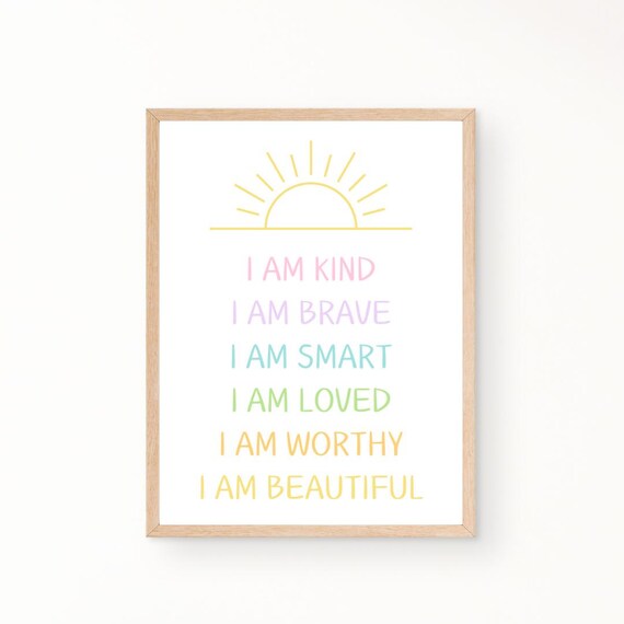 I Am Kind Brave Smart Loved Worthy Kids Affirmation Rainbow Poster