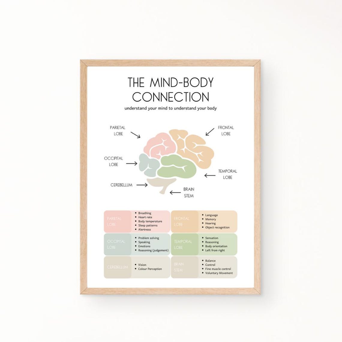 Mind Body Connection Brain Lobes Chart Pastel Therapy Office Poster