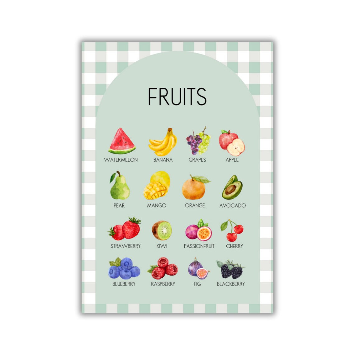 Watercolor Fruits Educational Poster with Names for Kids Kitchen Decor - Image 4