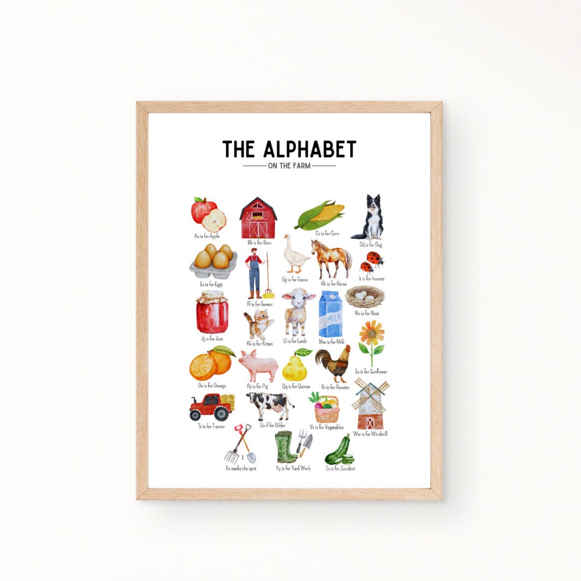 Farm Alphabet Poster with Watercolor Animals for Kids Nursery Decor