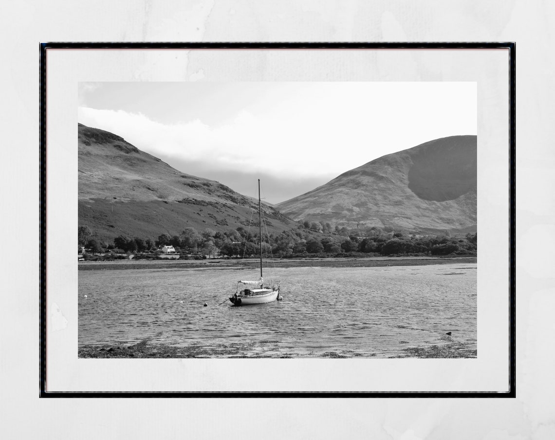Lone Sailboat Anchored In Scottish Loch Black And White Poster