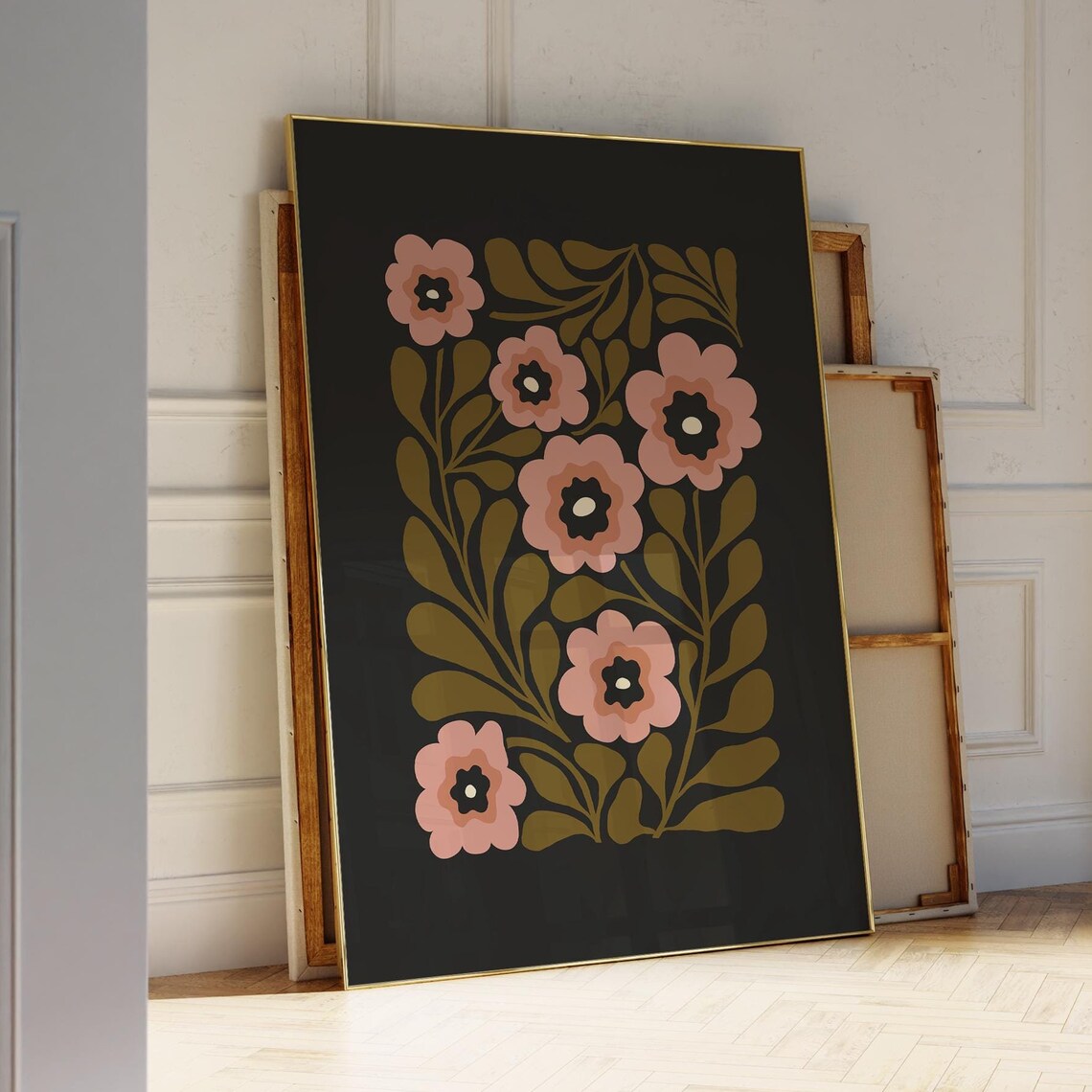 Pink Blossom Floral Pattern Charcoal Black Background Art Poster
