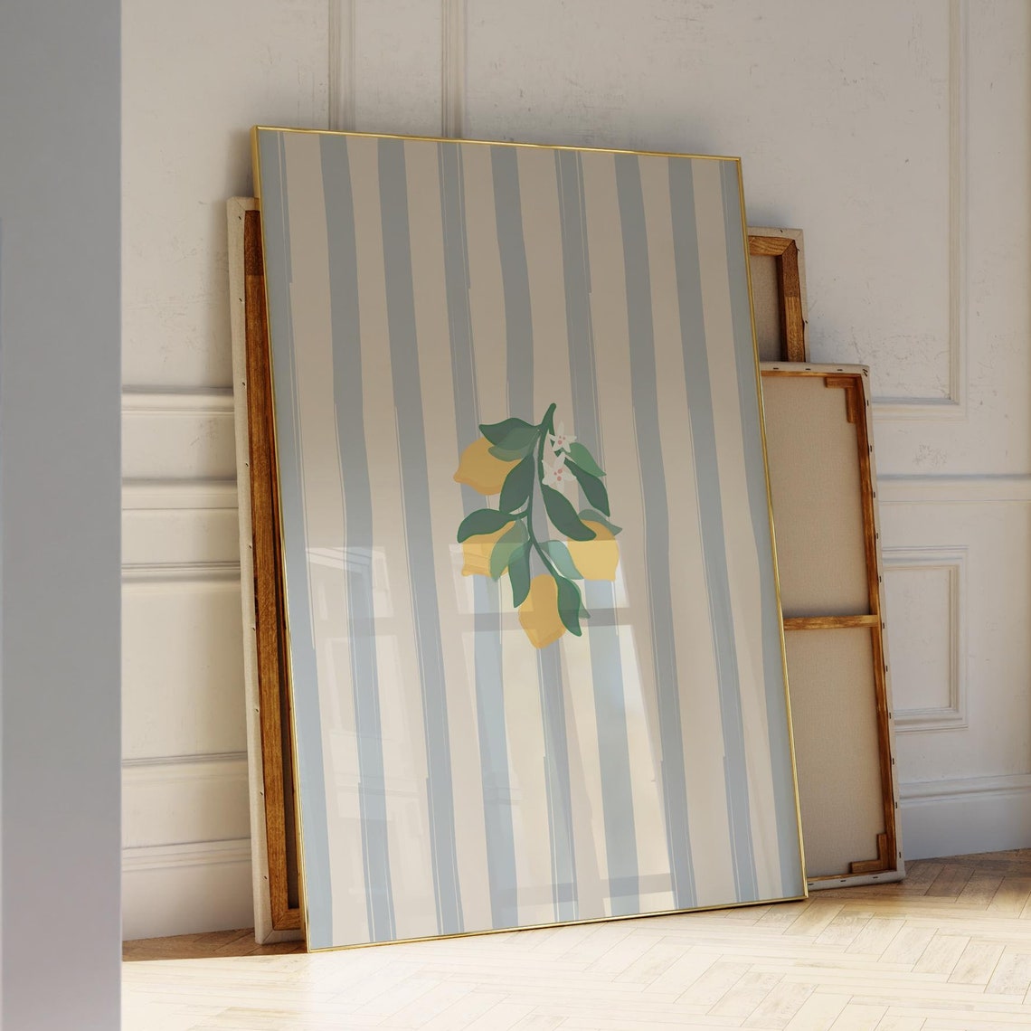 Lemon Branch Yellow Citrus Blue White Striped Kitchen Wall Art - Image 3
