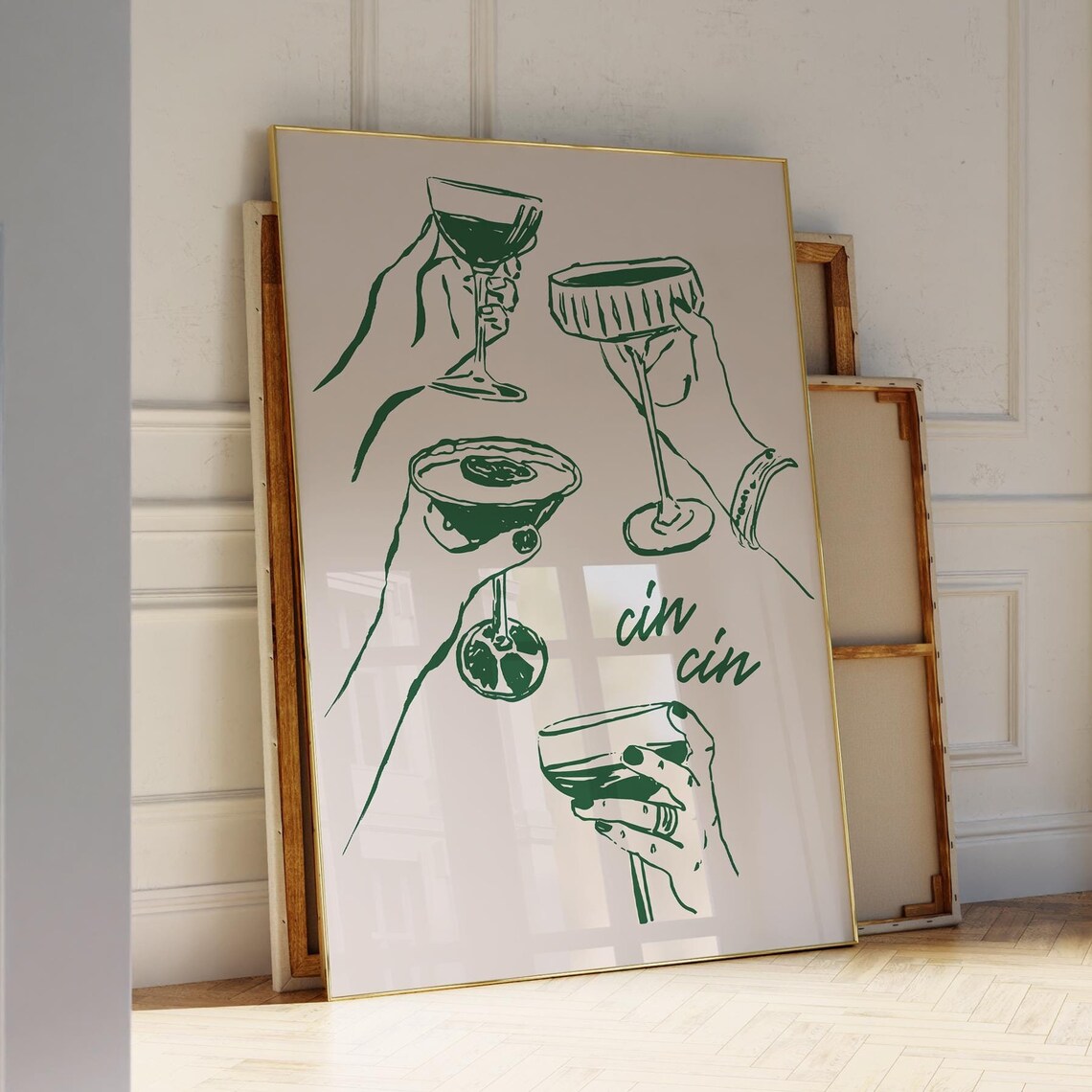Cin Cin Green Wine Hands Cheers Modern Home Bar Cart Art Poster - Image 4