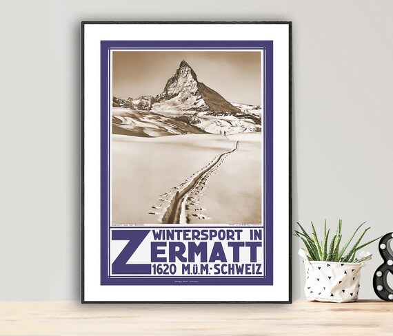 Zermatt Matterhorn Wintersport Switzerland Vintage Travel Poster