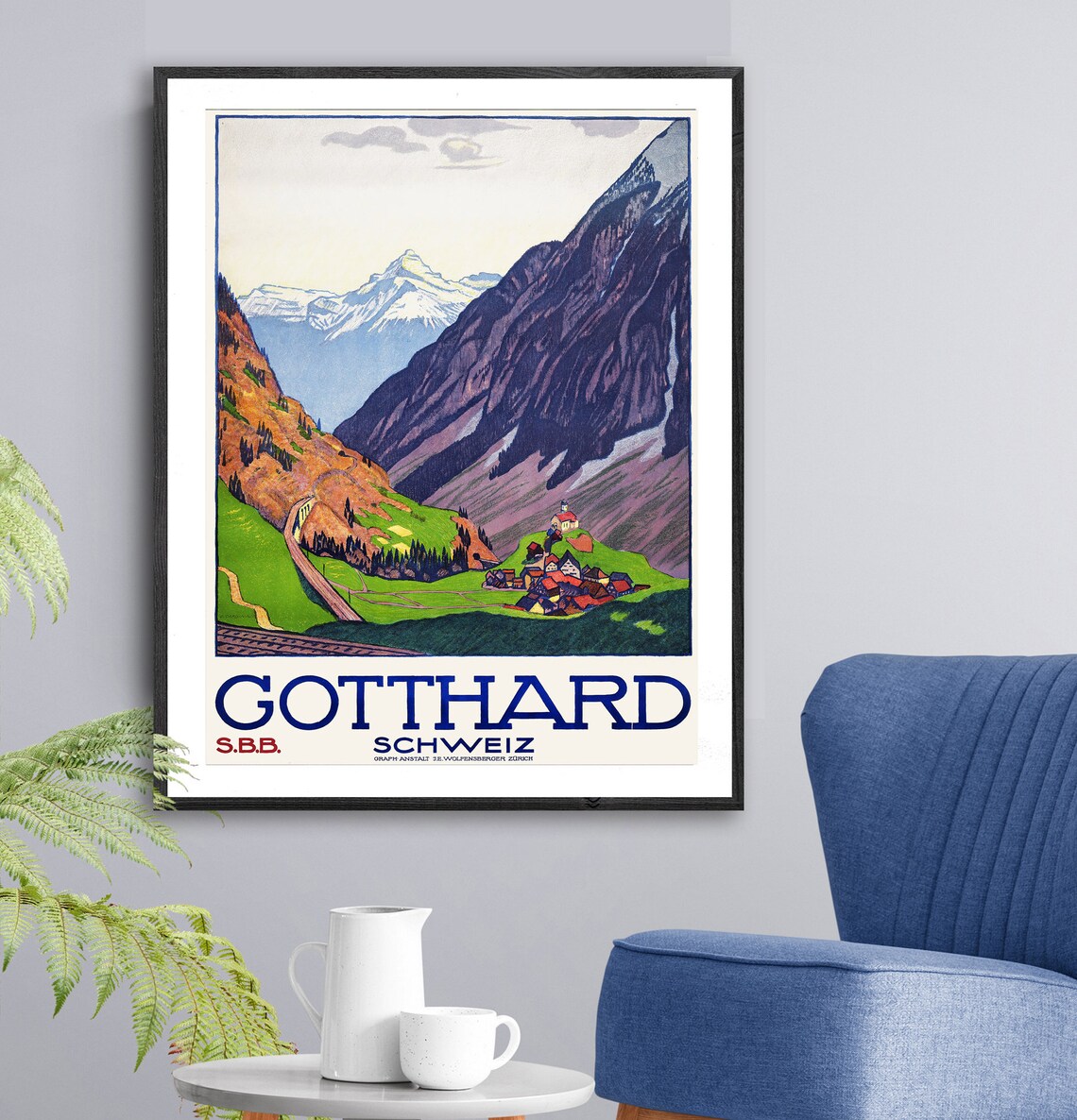 Gotthard Schweiz SBB Swiss Railway Alpine Village Travel Poster