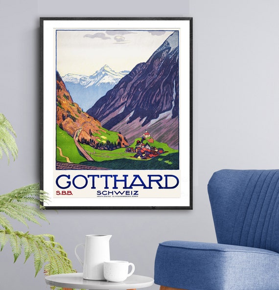 Gotthard Schweiz Vintage Travel Poster Retro Wall Art Gift Idea Wall Decor