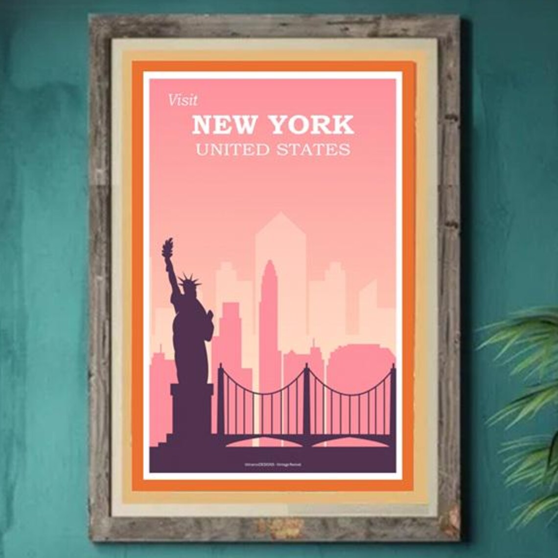Visit New York Pink Retro Travel Poster Statue of Liberty Skyline