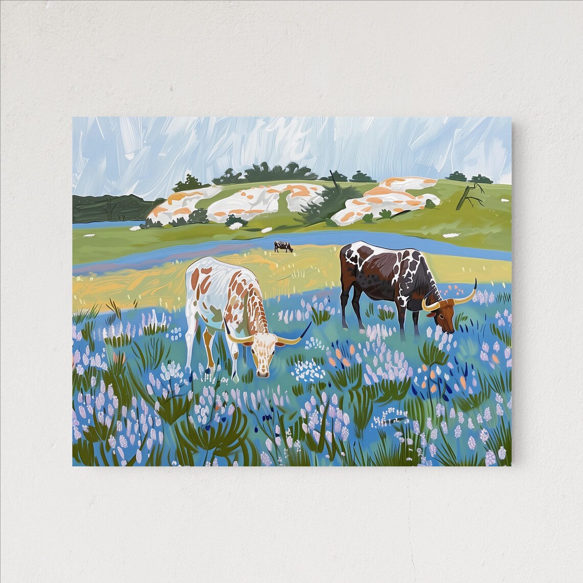 Texas Longhorns Grazing Among Bluebonnets in Spring Meadow Poster