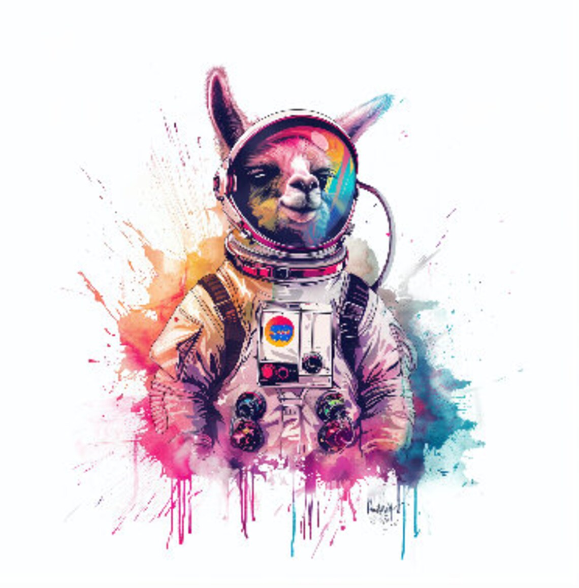 Cheerful Llama Astronaut Watercolor Space Helmet Animal Art Poster - Image 2
