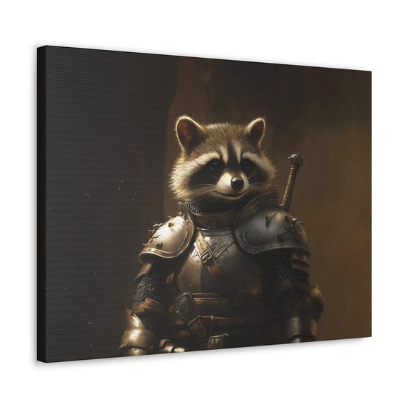 Maximalist Eclectic Medieval Raccoon Knight Print Bold Altered Animal Portrait Fantasy Colorful Renaissance Rustic Art