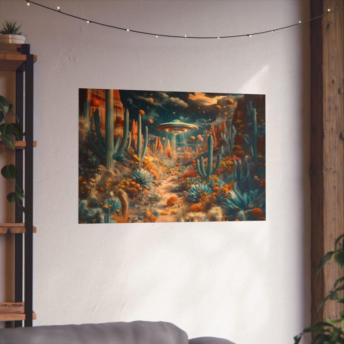 UFO Hovering Over Desert Canyon Night Cactus Alien Landscape Poster - Image 2