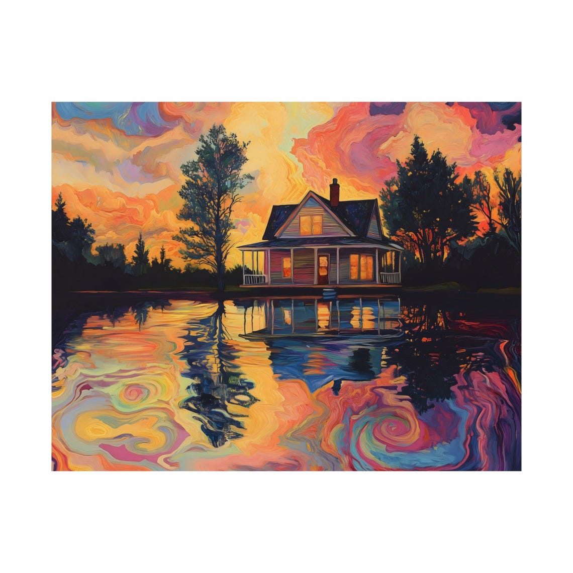 Psychedelic Lakehouse at Sunset With Swirling Water Reflection Poster - Image 3