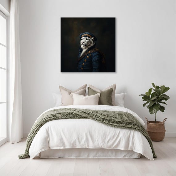 Maximalist Eclectic Victorian Sailor Snow Leopard Print Bold Altered Animal Portrait Fantasy Fun Colorful Renaissance Rustic Art