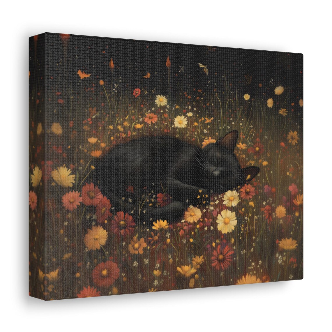 Sleeping Black Cat Curled Up in Autumn Wildflowers Cozy Halloween Wall Art - Image 3