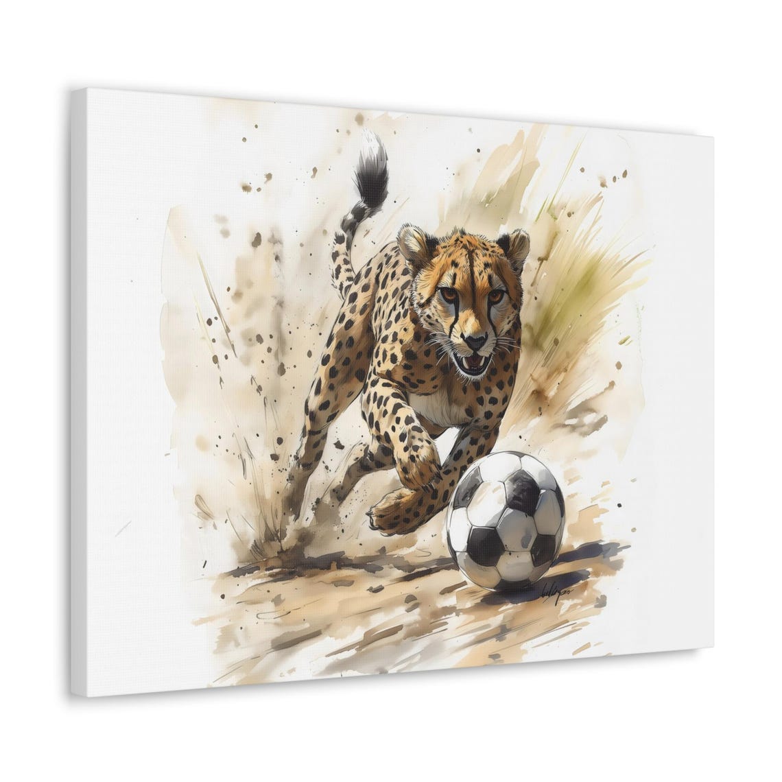 Cheetah Chasing Soccer Ball Speedy Watercolor Wildlife Poster