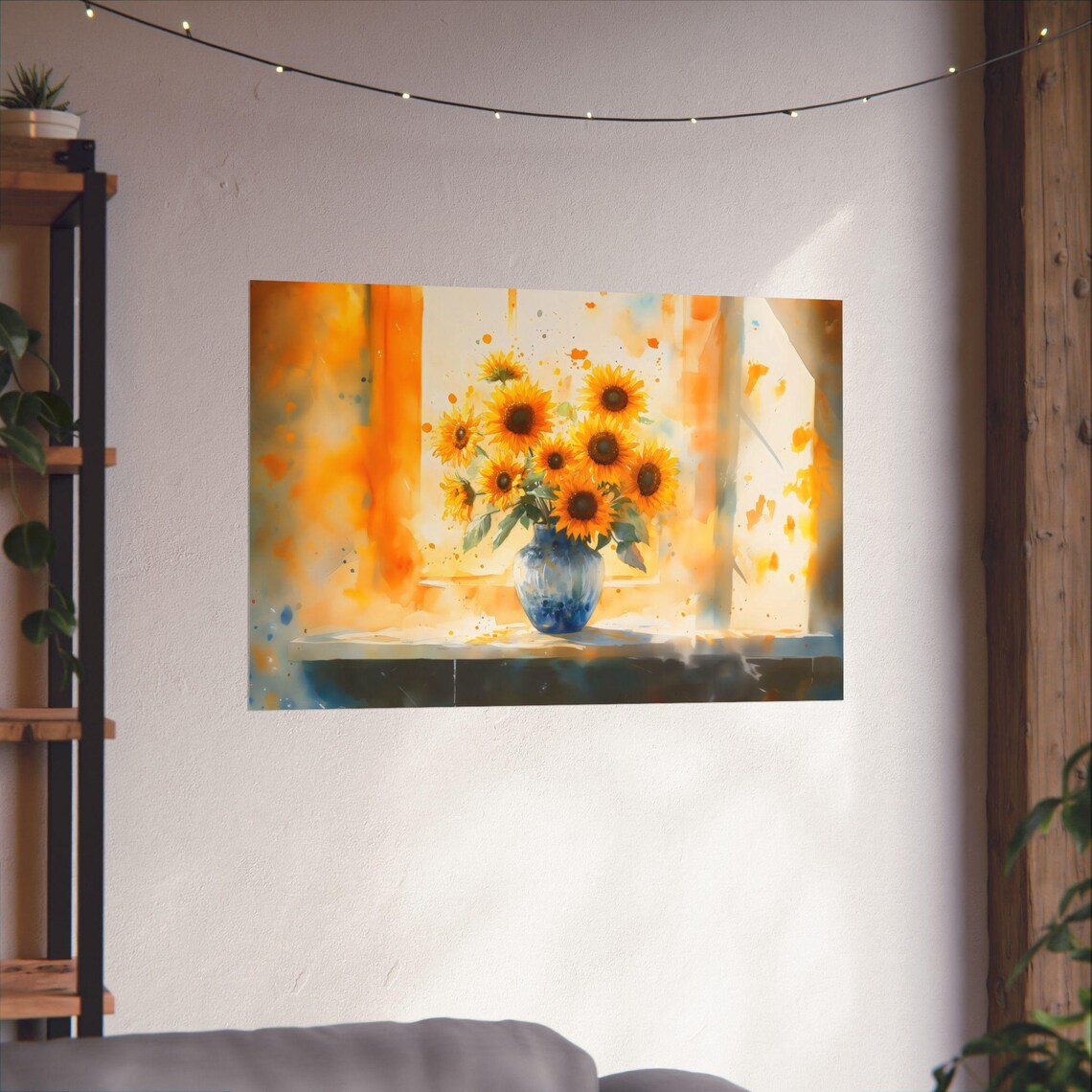 Sunflowers in Blue Vase Watercolor Floral Still Life Art Poster