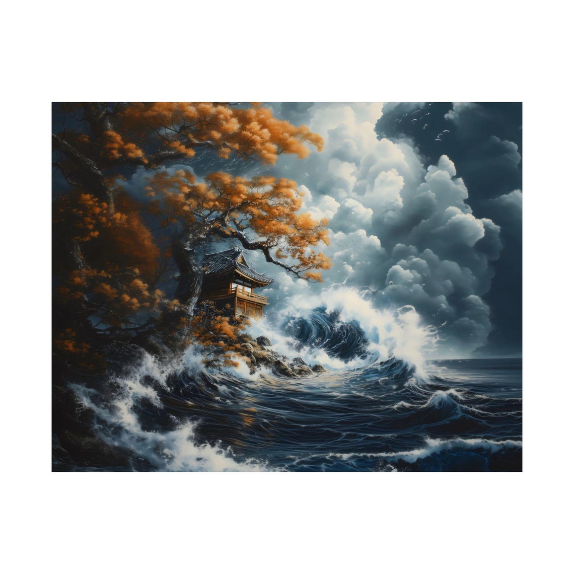 Dramatic Japanese Ocean Waves Crashing Near a Cliffside Temple Poster - Image 3