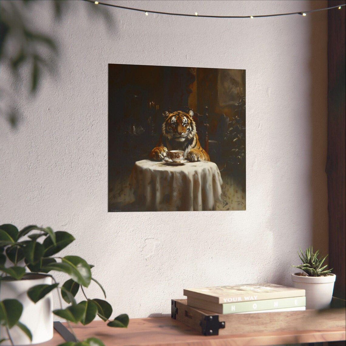 Tiger Drinking Tea Dark Victorian Table Oil Painting Animal Art Poster - Image 4