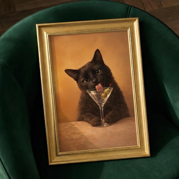 Black Cat Martini Print Moody Bar Cart Wall Art Funny Cocktail Poster Gothic Animal Painting Unique Lover Gift Vintage Lounge Decor