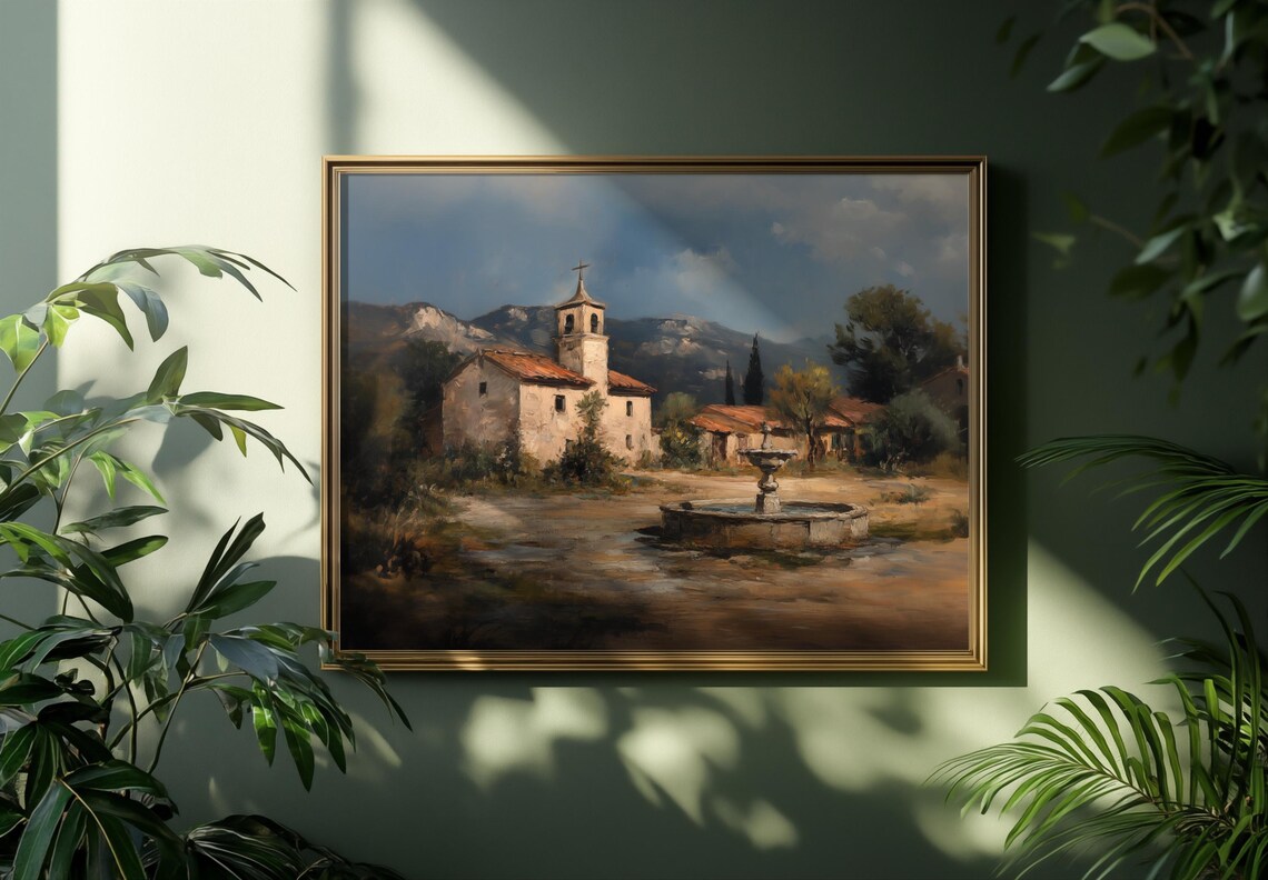French Church Painting Stone Fountain Village Square Mountains Poster - Image 3
