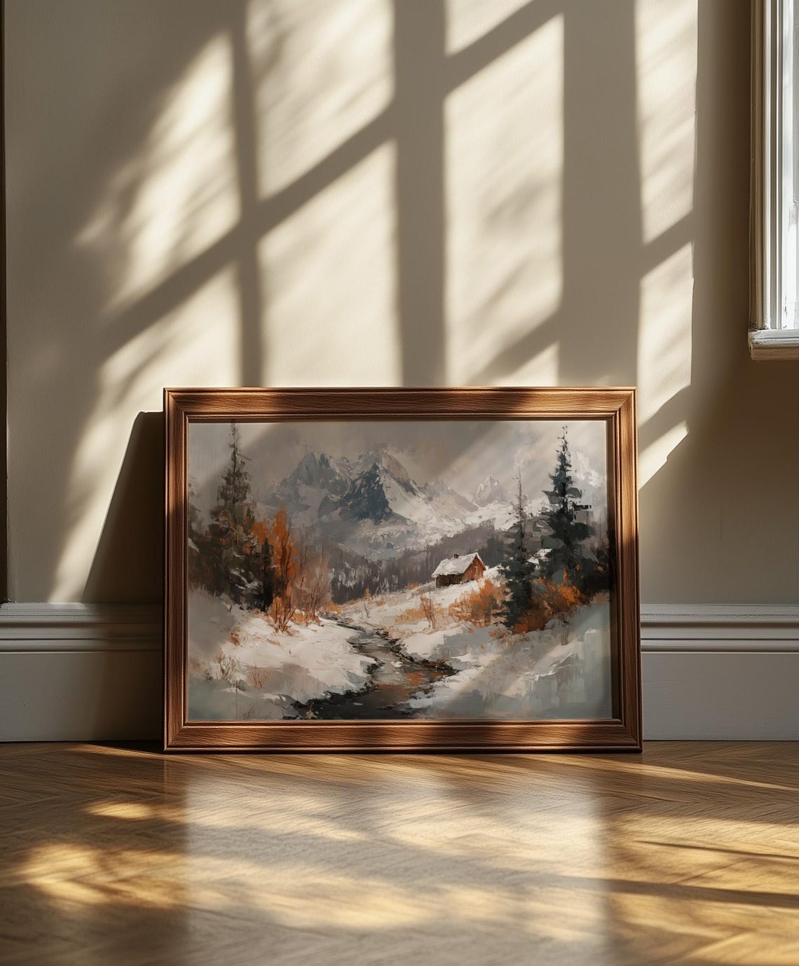 Snowy Mountain Cabin Stream Winter Peaks Rustic Lodge Scene Poster - Image 5