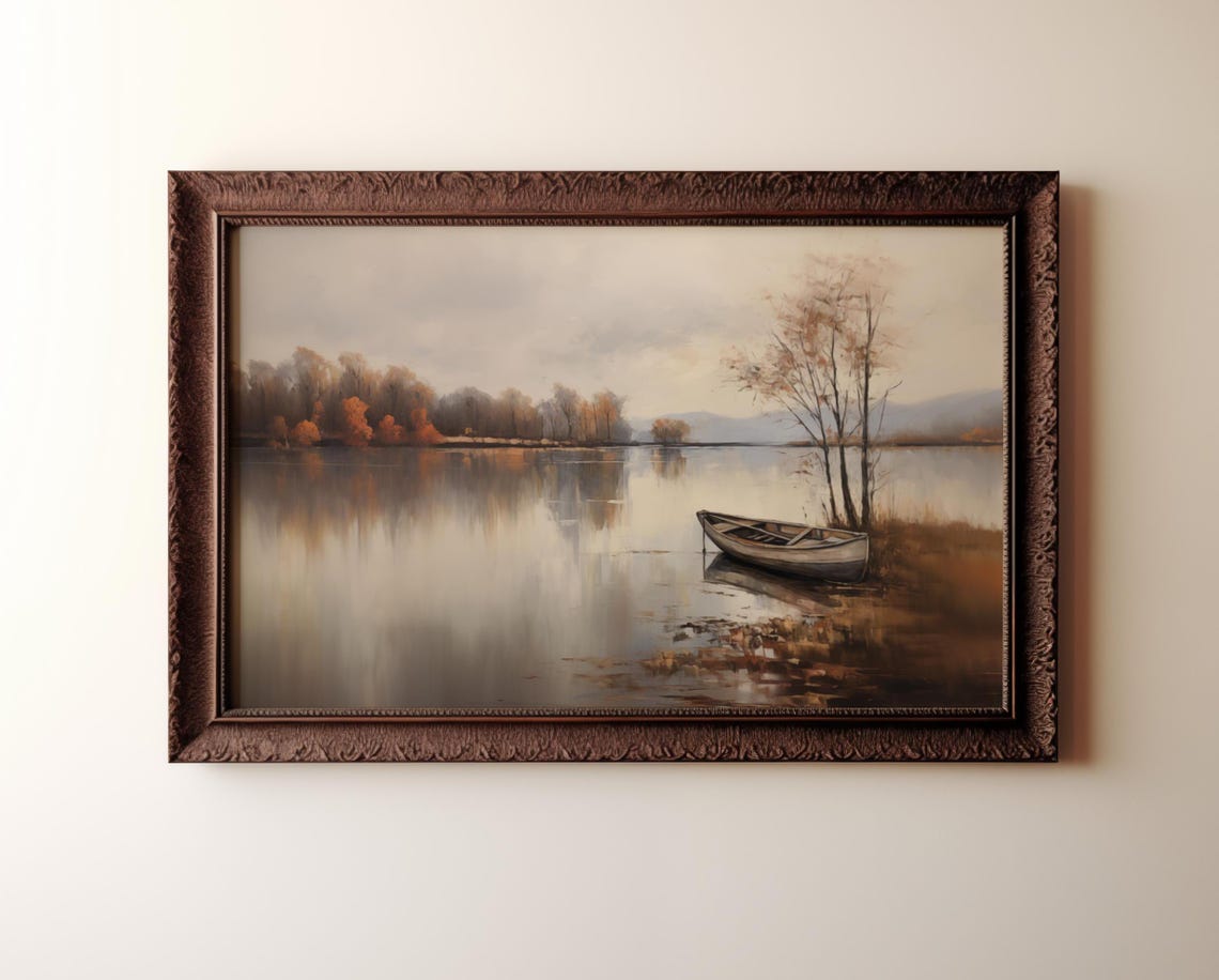 Autumn Lakeside Painting Rowboat At Shore Calm Fall Scene Poster