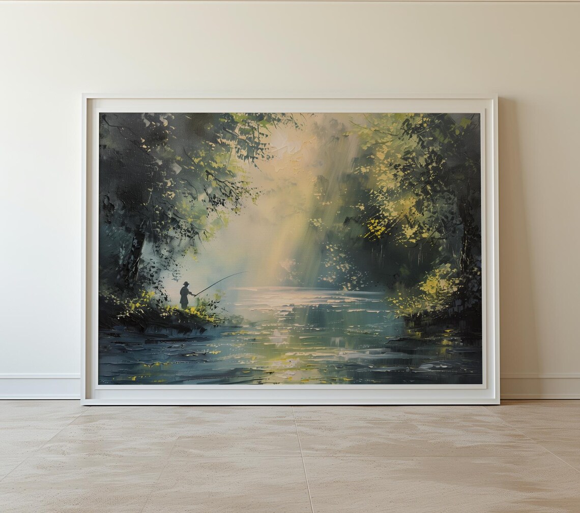 Morning Mist River Painting Fisherman In Sunlit Forest Poster - Image 2