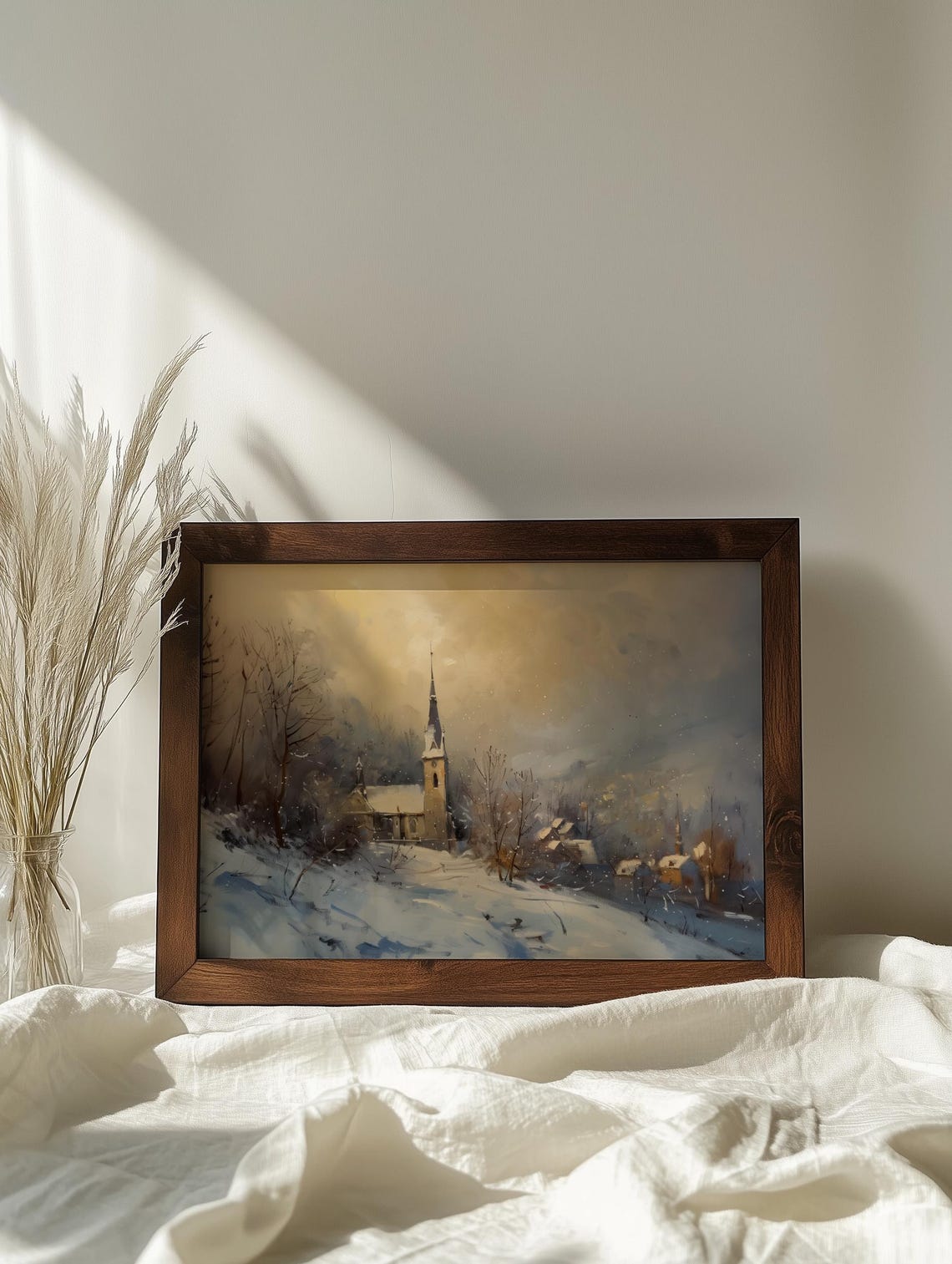 Winter Church Scene Painting Snowy Village At Golden Light Poster - Image 6