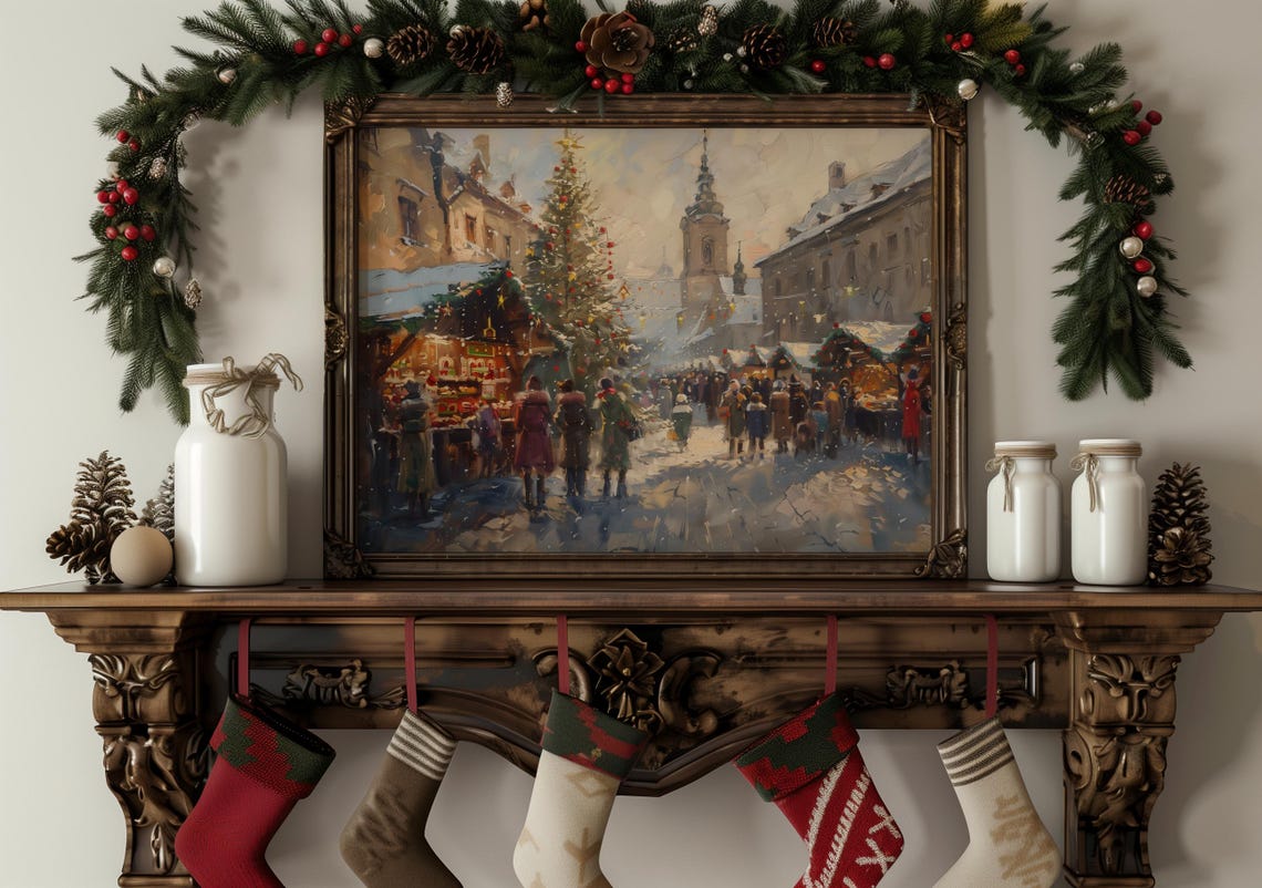 Antique Oil Painting European Christmas Market In Cozy Village Square Snowy Holiday Scene Art Regarts