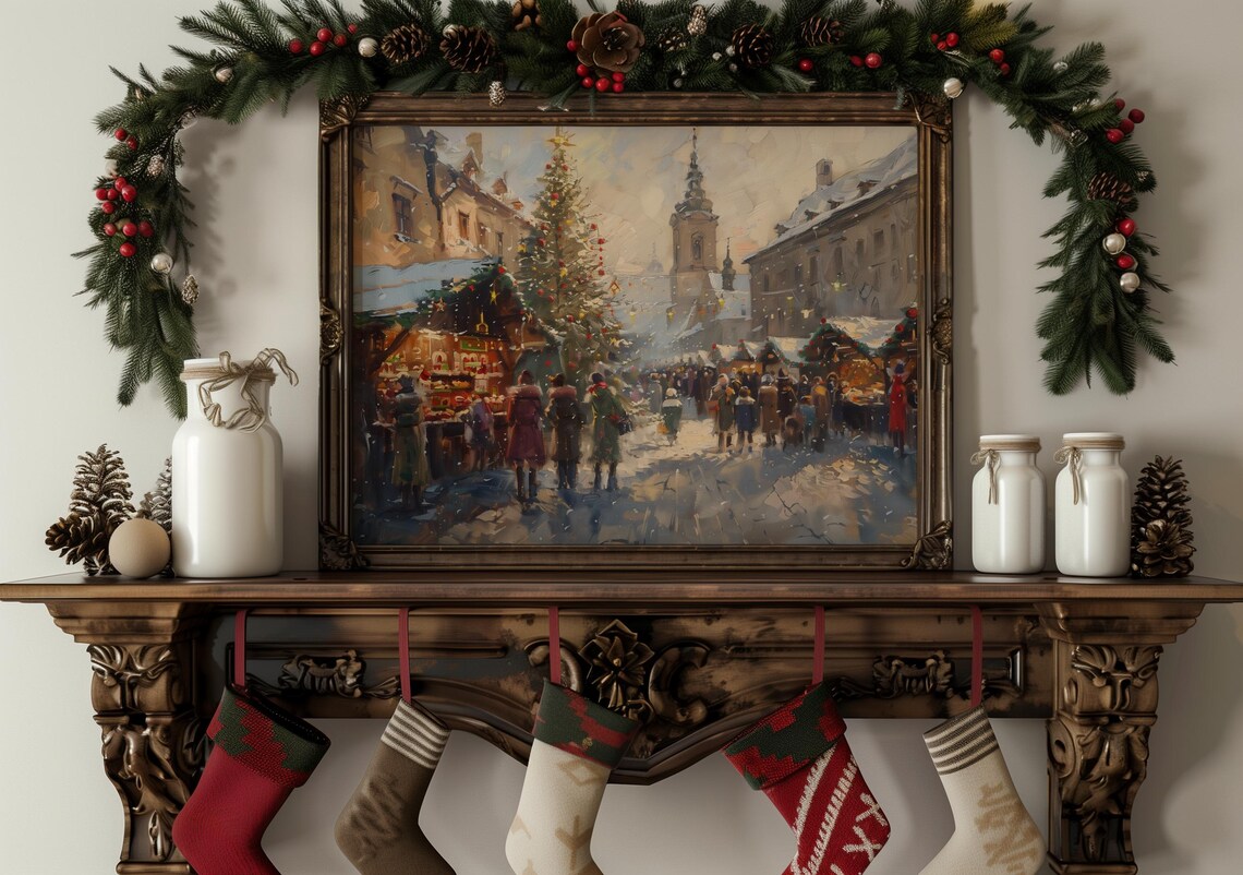 European Christmas Market Crowd Snowy Church Tower Holiday Poster