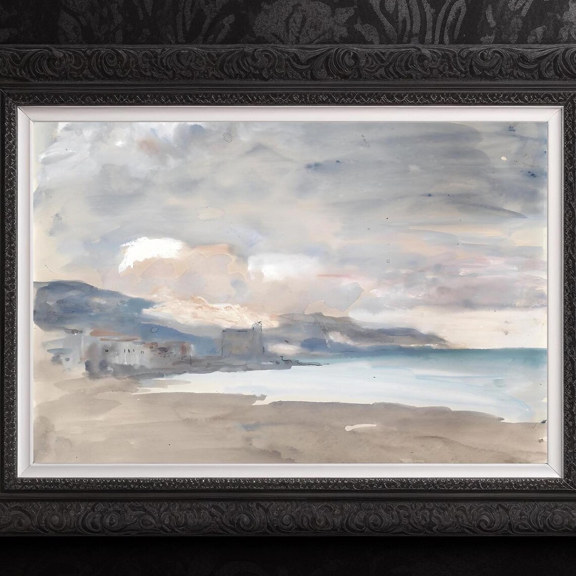 Minimalist Misty Beach Coast Watercolor Soft Neutral Art Poster